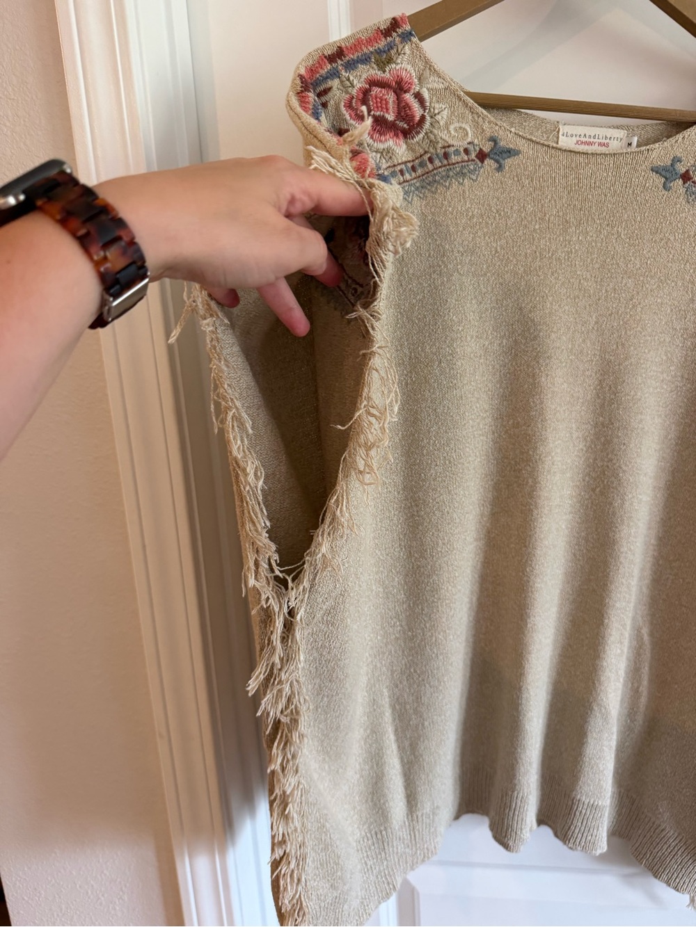 Johnny Was- 4Love And Liberty- Silk/ Cotton Embroidered Fringe Poncho Knit top - - Picture 6 of 13